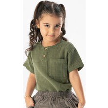 Eliş Şile Bezi Kısa Kol Batı Cep Detaylı Yazlık Müslin Kız Çocuk Tshirt Haki Hk