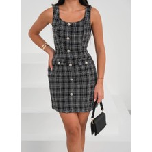 MGN Askılı Ch Kumaş Düğmeli Elbise Siyahbeyaz H265007