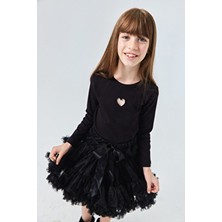 Le Mabelle Siyah  Kalp Nakışlı Fitilli Kız Çocuk Tişört