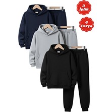 Fyk Kids 3 Iplik Şardonlu Kışlık Kanguru Cepli Kapüşonlu 6 Parça Erkek Çocuk Eşofman Takımı