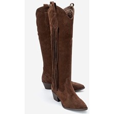 Luvi Shoes Rios Kahverengi Hakiki Deri Süet Püsküllü Kadın Kalın Topuklu Çizme