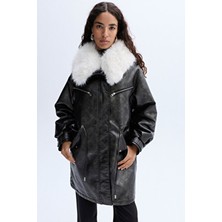 Mudo Suni Kürk Yaka Deri Görünümlü Uzun Palto