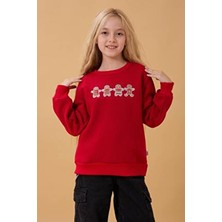 Perendi Kız Çocuk Bisiklet Yaka Kurabiye Nakışlı Sweatshirt Kırmızı