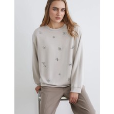 LC Waikiki Lcwaıkıkı Basic Gri Bisiklet Yaka Oversize Taşlı Bluz