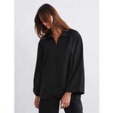 LC Waikiki Soulife Siyah Gömlek Yaka Süet Görünümlü Bluz