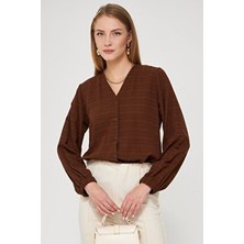 Armonika Kadın Kahve Kolu Lastikli Bürümcük Gömlek ARM-24K001002