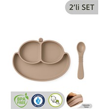 CKM Silikon 2li Bebek Mama Seti Silikon Bej -Vakumlu Bölmeli Tabak Diş Kaşıyıcı Özellikli Kaşık