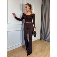 Size Özgü Kahve İspanyol Paça Jean Kadın Yüksek Bel Dokuma Normal Kalıp Casual Model