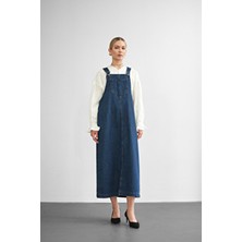 Molly Nelly Kadın Askılı Kot Tulum Salopet Pamuklu Uzun Kolsuz Düz Desenli Trend Stil