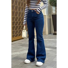 Bikelife Kadın Yüksek Bel Likralı Ispanyol Paça Pantolon Lacivert Denim 5 Cep ile Rahat Kullanım