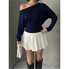 Bejna Kadın Lacivert Düşük Omuzlu Modal Dokulu Bluz