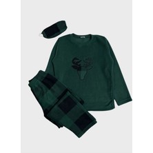 Aliş Kids Erkek Çocuk Pamuklu Polar Kumaş Yeşil Yılbaşı Geyik Desenli Uyku Bantlı Kışlık Pijama Takımı