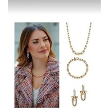 Kadın Gold T Kolye, Küpe, Bileklik Takım Seti Altın Renkli Modern Tasarım El İşçiliği