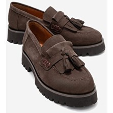 Poen Kahverengi Nubuk Hakiki Deri Püsküllü Kadın Loafer Ayakkabı