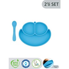 CKM Silikon 2'li Bebek Mama Seti Mavi Vakumlu Bölmeli Tabak Diş Kaşıyıcı Özellikli Kaşık