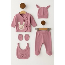 Organik Kız Bebek Tavşan Desenli 5'li Tulum Hastane Çıkışı Yenidoğan Kıyafet Mama Önlüğü