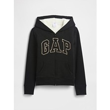 Gap Kız Çocuk Siyah Logo Kapüşonlu Sherpa Fermuarlı Sweatshirt Uzun Kollu Kanguru Cep