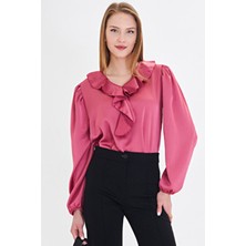 Armonika Kadın Koyu Pembe Yakası Fırfırlı Omuzu Büzgülü Kolu Lastikli Pamuk Saten Bluz ARM-22K001059