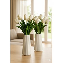 X Home Accessory 2 Limodern Dekorasyon Için Şık Beyaz Çizgili Seramik Çiçek Vazo - Minimalist ve Zarif Vazo Modelleri