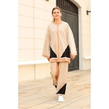 MGN Çizgili Bisiklet Yaka Triko Takım Vizon