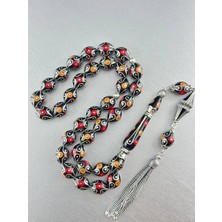 Erzurum Has Oltu Taşı Mercan ve Gümüş Işlemeli Tesbih