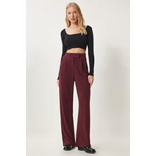 Happiness İstanbul Kadın Bordo Beli Cırtlı Rahat Dokuma Pantolon RV00150