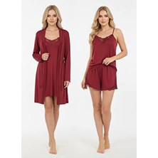 Cherry Queen Bordo Mikro Penye Dantel 4’lü Sabahlık Gecelik Şort Takım – Yumuşak ve Şık