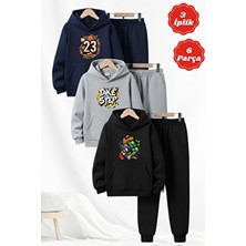 Fyk Kids 3 Iplik Şardonlu Kışlık Baskı Detaylı Kanguru Cepli Kapüşonlu 6 Parça Erkek Çocuk Eşofman Takımı