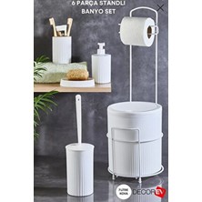 Decorev 6 Parça Metal Standlı Banyo Seti – 7 Litre Çöp Kovası, Tuvalet Kağıtlığı, Sabunluk, Fırçalık