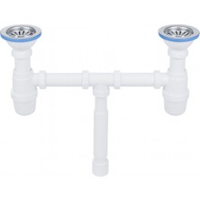 DESIPHON Çöpmak Çift Gözlü Evye Sifonu, Beyaz, 11 cm Çapında, 5 cm Çıkış, Temizlenebilir Hazneli, Koku Yapmayan, Taşlı Paslanmaz Çelik Süzgeçli, Körüklü Model