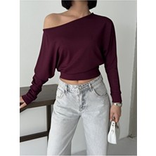 Bejna Kadın Bordo Düşük Omuzlu Modal Dokulu Bluz