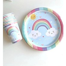 Party Country Bulutlu Gökkuşağı Parti Konsepti Rengarenk Pastel Tabak Bardak Seti 8 Adet 23 cm Çok Renkli