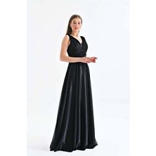 Dip Moda Dipmoda kadın siyah v yaka simli tül abiye elbise DPS9223