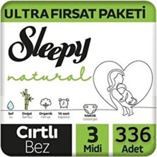 Sleepy Natural 3 Numara Bebek Bezi Midi 4 - 9 kg 336 Adet Mega Paket Belbantlı Cırtlı.
