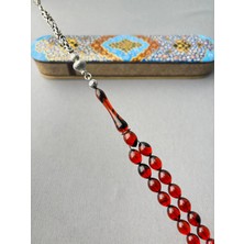 Usta Işi Kırmızı Hareli Alman Sıkma Kehribar Tespih | Gümüş Püsküllü Klasik