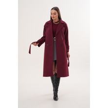 Pinpery Kadın Bordo Kuşaklı Astarlı Uzun Düğme Detaylı Kaşe Kaban