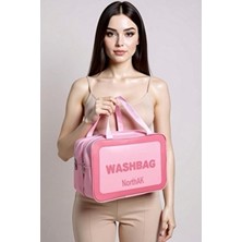 NorthAK Çift Bölmeli Şeffaf Spor Seyahat Makyaj ve Kozmetik Çantası - Anne Bebek Büyük Boy Washbag Pembe