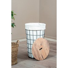 Evle Dekoratif Yuvarlak Çamaşır Sepeti Metal Gövdeli Bez Torbalı Kirli Sepeti