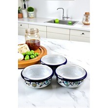 İnci Emaye 3 Parça Orta Boy,kapaklı,desenli Emaye Kahvaltı Seti,sunum,kahvaltı Tabağı, Reçellik,zeytin