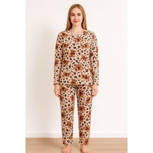 Pemilo Kadın 0317 Uzun Kol Desenli Süet Pijama Takımı