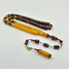 Emine Reşvani Usta Işçilikli Sarı Kahverengi Renk Geçişli Yoğun Hareli Sıkma Kehribar Tespih