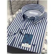 Fitmens Slim Fit Uzun Kol Likralı Çizgili Yaka Düğmeli Hediye Kutulu Erkek Gömlek FS-003669 - Saks Mavi