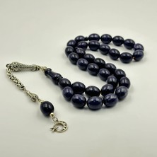 925 Ayar Gümüş Püsküllü Ayyıldız Detaylı Lacivert Alman Sıkma Kehribar Tespih