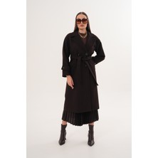 Pinpery Kadın Kahve Kuşaklı Astarlı Uzun Düğme Detaylı Kaşe Kaban