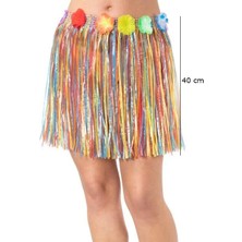 Yetişkin ve Çocuk Uyumlu Rengarenk Püsküllü Hawaii Luau Hula Etek 40 cm