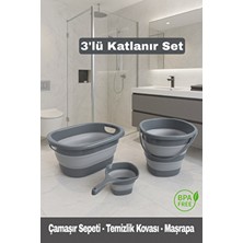 Funny Life 3'lü Katlanır Temizlik Seti Gri - Çamaşır Sepeti - Temizlik Kovası - Koçero, Organizer, Düzenleyici