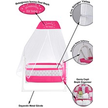 Chubby Baby Isme Özel Sallanır Beşik 5 cm Sünger Yataklı Organizerli Tüllü Cibinlikli Bebek Beşiği