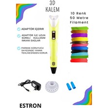 Estron Sarı 3D Kalem 3D Pen Yazıcı Kalem | 10 Adet 5 Metre (Toplam 50 Metre) Filament Adaptörlü