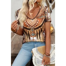 Mossta Kısa Kollu V Yaka Salaş Süprem Bluz Kahve