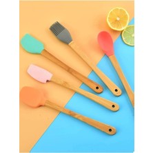 CetKing 5'li Renkli Bambu Saplı Silikon Uçlu Spatula Fırçalı Kaşık Seti